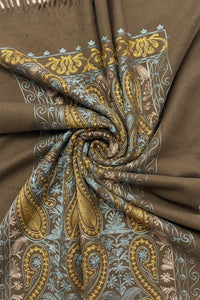 Intricate Paisley Panel Embroidered Wool Tassel Scarf