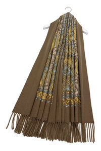 Intricate Paisley Panel Embroidered Wool Tassel Scarf