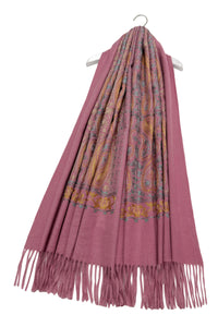 Intricate Paisley Panel Embroidered Wool Tassel Scarf