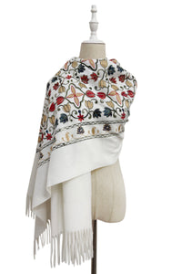 Tulip Print Embroidered Wool Tassel Scarf