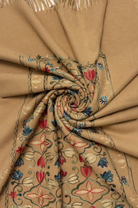 Tulip Print Embroidered Wool Tassel Scarf