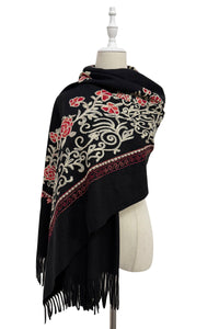 Rose Floral Panel Embroidered Wool Tassel Scarf