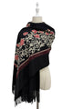 Rose Floral Panel Embroidered Wool Tassel Scarf