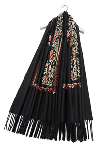 Rose Floral Panel Embroidered Wool Tassel Scarf