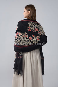 Rose Floral Panel Embroidered Wool Tassel Scarf