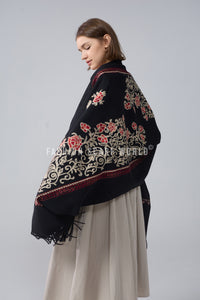 Rose Floral Panel Embroidered Wool Tassel Scarf