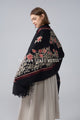 Rose Floral Panel Embroidered Wool Tassel Scarf