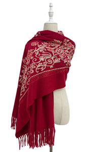 Rose Floral Panel Embroidered Wool Tassel Scarf