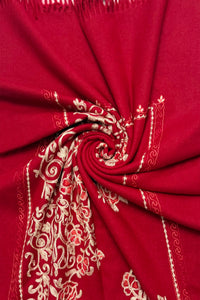 Rose Floral Panel Embroidered Wool Tassel Scarf