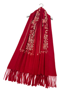 Rose Floral Panel Embroidered Wool Tassel Scarf