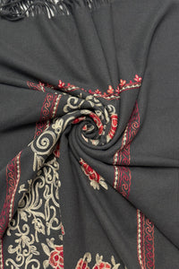 Rose Floral Panel Embroidered Wool Tassel Scarf