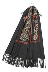 Rose Floral Panel Embroidered Wool Tassel Scarf