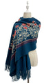 Rose Floral Panel Embroidered Wool Tassel Scarf