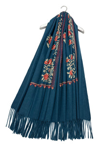 Rose Floral Panel Embroidered Wool Tassel Scarf