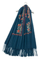 Rose Floral Panel Embroidered Wool Tassel Scarf