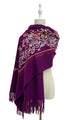 Rose Floral Panel Embroidered Wool Tassel Scarf