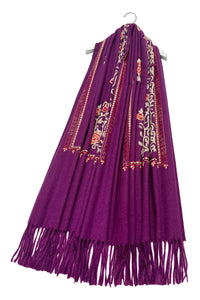 Rose Floral Panel Embroidered Wool Tassel Scarf