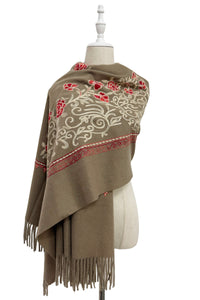 Rose Floral Panel Embroidered Wool Tassel Scarf