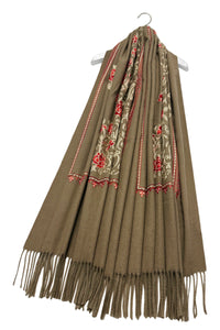 Rose Floral Panel Embroidered Wool Tassel Scarf