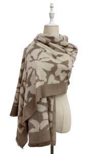Abstract Floral Print Wool Frayed Scarf