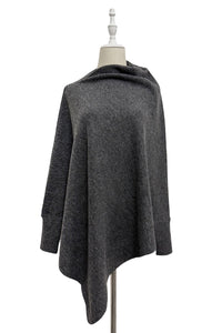 Plain Cuffed Diagonal Drape Wool Poncho