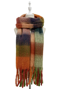 Multi Check Print Wool Tassel Scarf