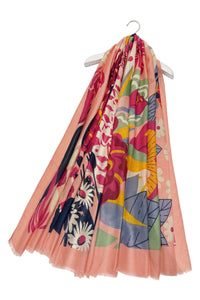 Bold Mixed Floral Print Frayed Scarf