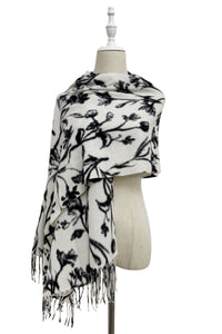 Monochrome Floral Print Wool Tassel Scarf