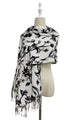 Monochrome Floral Print Wool Tassel Scarf