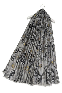 Decorative Gold Foil Floral Print Frayed Scarf