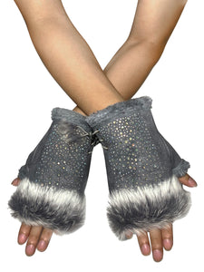 Diamante Real Fur Fingerless Mittens