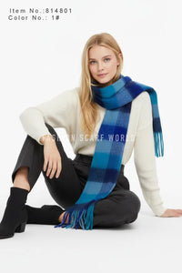 Multi Check Print Wool Tassel Scarf
