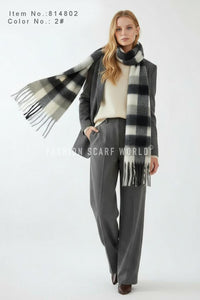 Multi Check Print Wool Tassel Scarf