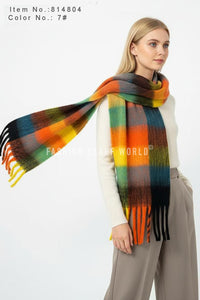 Multi Check Print Wool Tassel Scarf