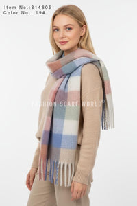Multi Check Print Wool Tassel Scarf