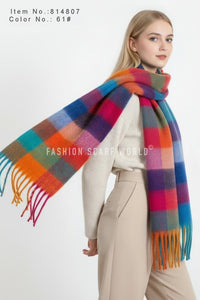 Multi Check Print Wool Tassel Scarf