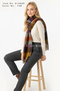 Multi Check Print Wool Tassel Scarf