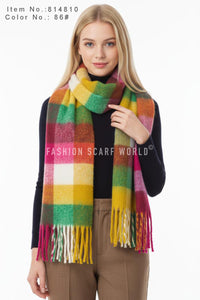 Multi Check Print Wool Tassel Scarf