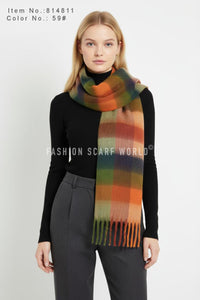 Multi Check Print Wool Tassel Scarf