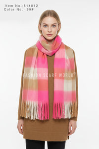 Multi Check Print Wool Tassel Scarf