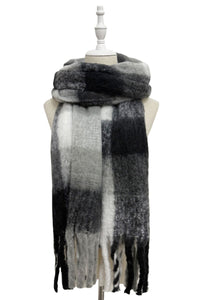 Multi Check Print Wool Tassel Scarf