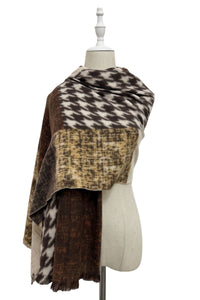 Houndstooth Check Wool Frayed Scarf