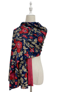 Red Flower William Morris Style Wool Frayed Scarf