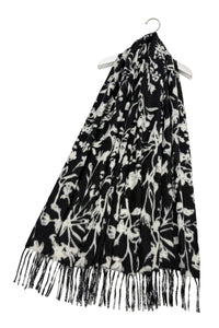 Monochrome Floral Print Wool Tassel Scarf