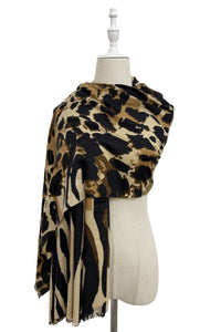 Animal Print Frayed Wool Scarf