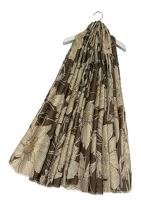Gold Foiled Botanical Flower Print Frayed Scarf