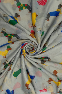 Cute Dressed Sausage Dog Print Frayed Scarf