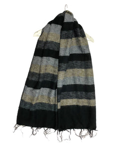 Stripy Border Wool Tassel Scarf - Black & Beige