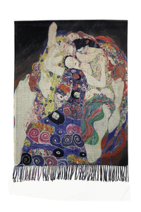 Klimt 'The Virgins' Print Wool Tassel Scarf - Black