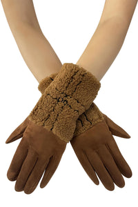 Suede Touchscreen Gloves with Faux Shearling Cuff